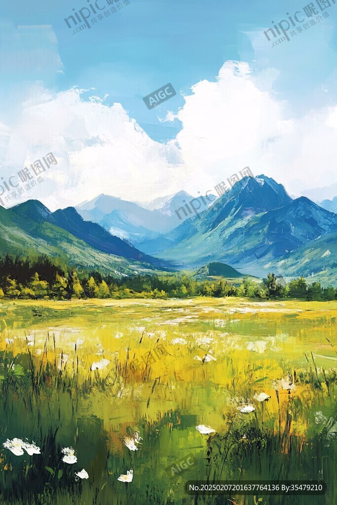 手绘草原草雪山