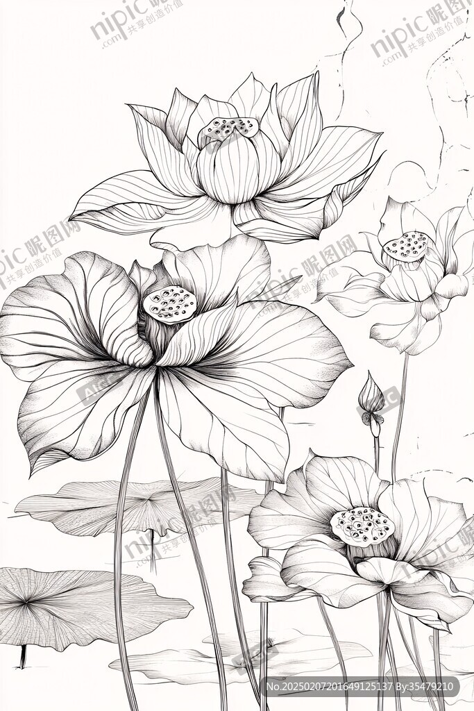 手绘黑白线描荷花