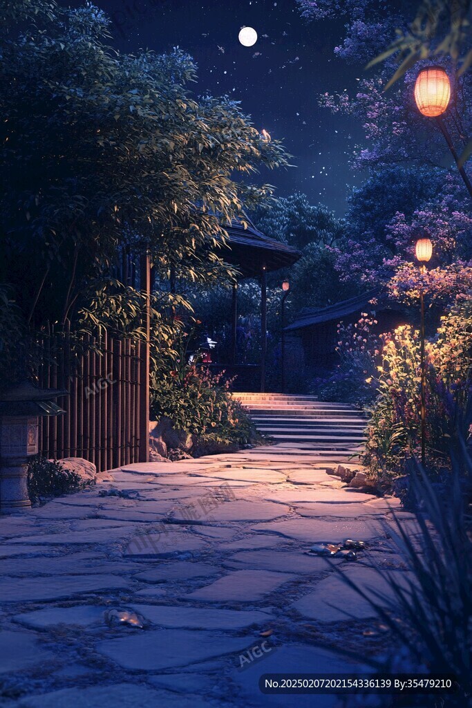手绘庭院夜景