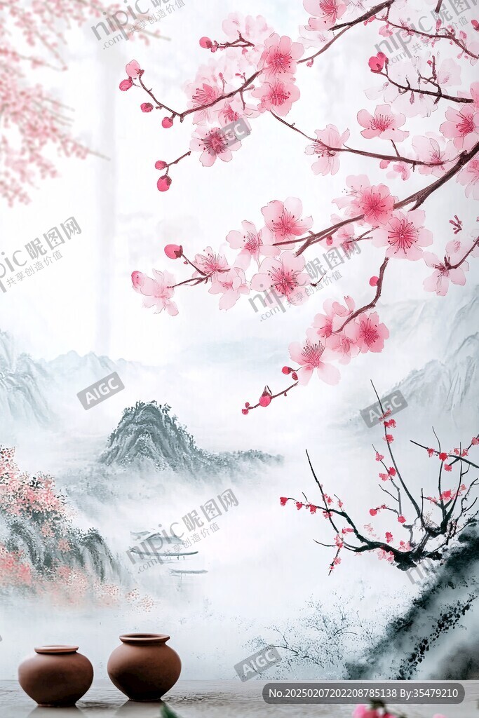 水墨桃花禅意山水