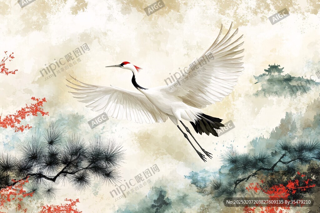 手绘白鹤装饰画