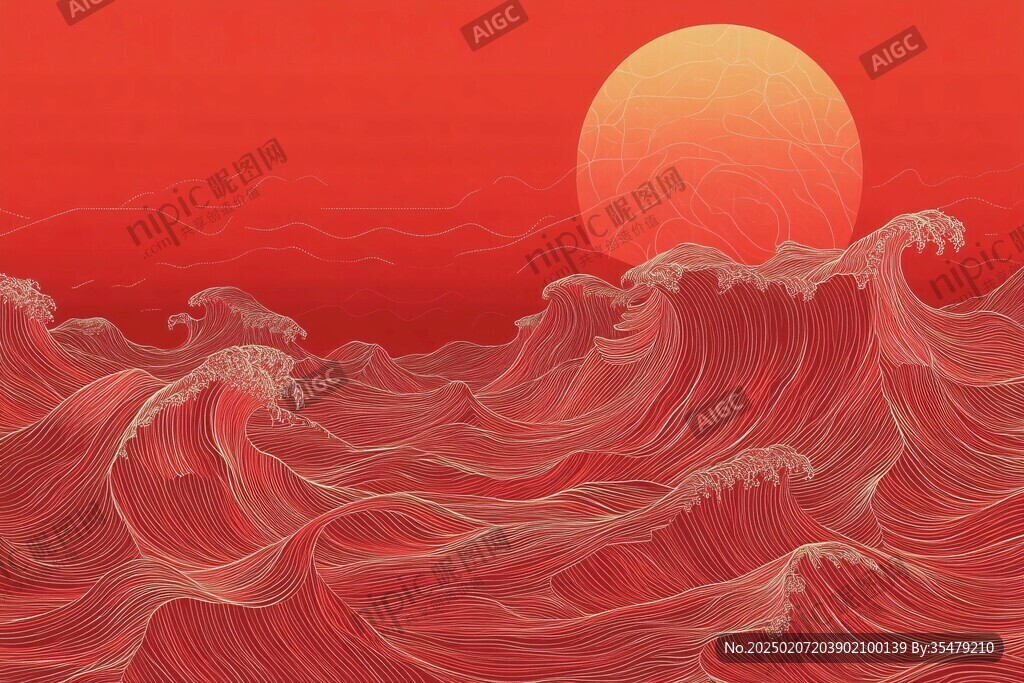 手绘海浪旭日东升