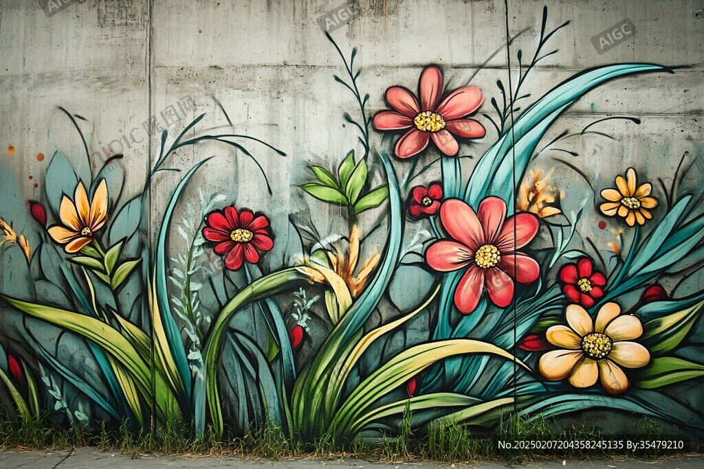 手绘花草壁画