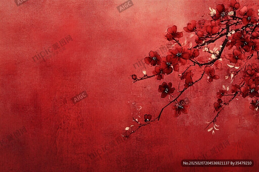 工笔手绘红墙梅花