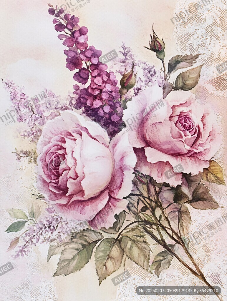 手绘玫瑰花斗方装饰画