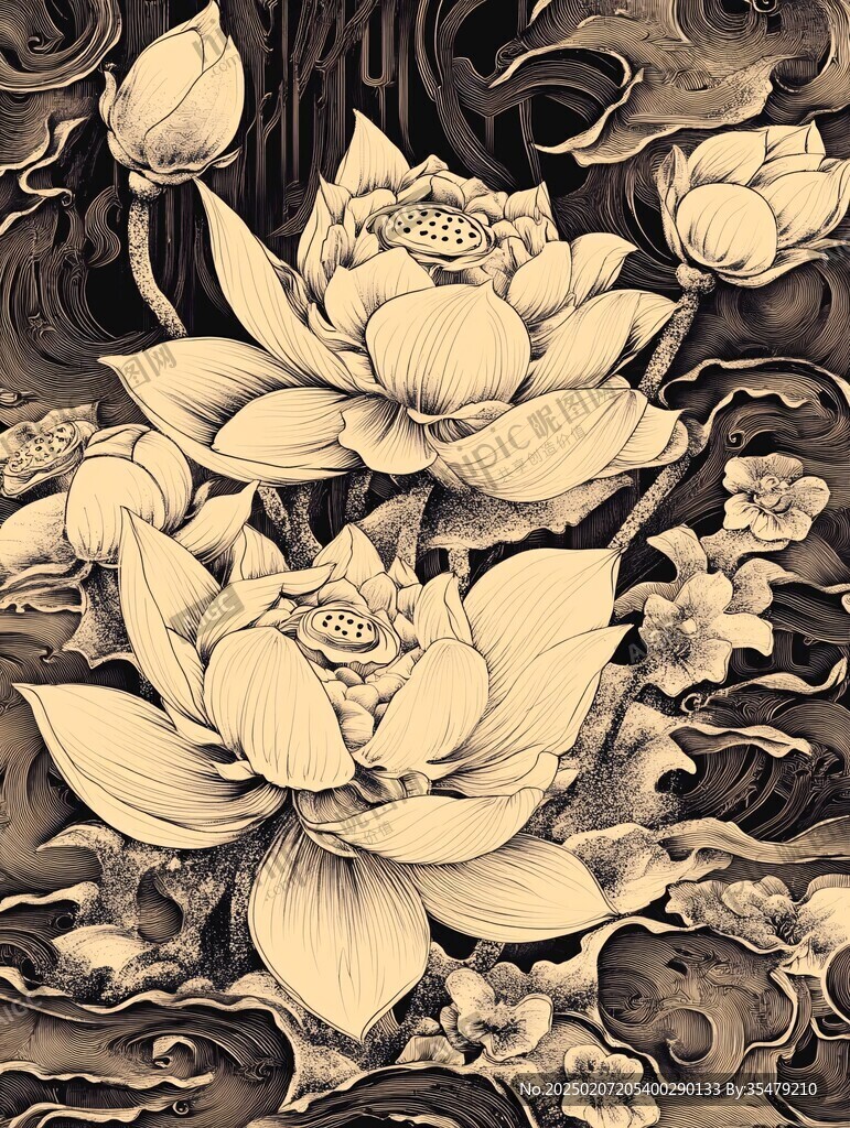 手绘金属质感荷花