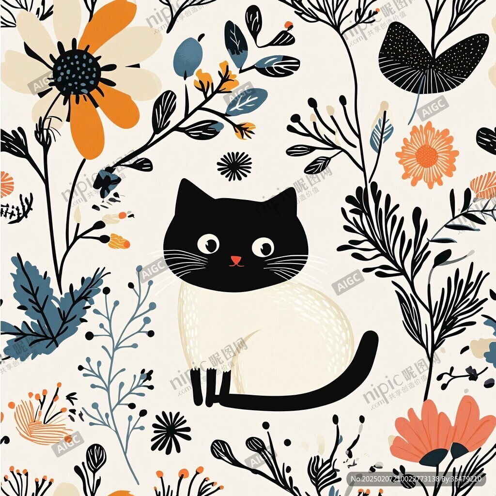 手绘花与猫卡通插画