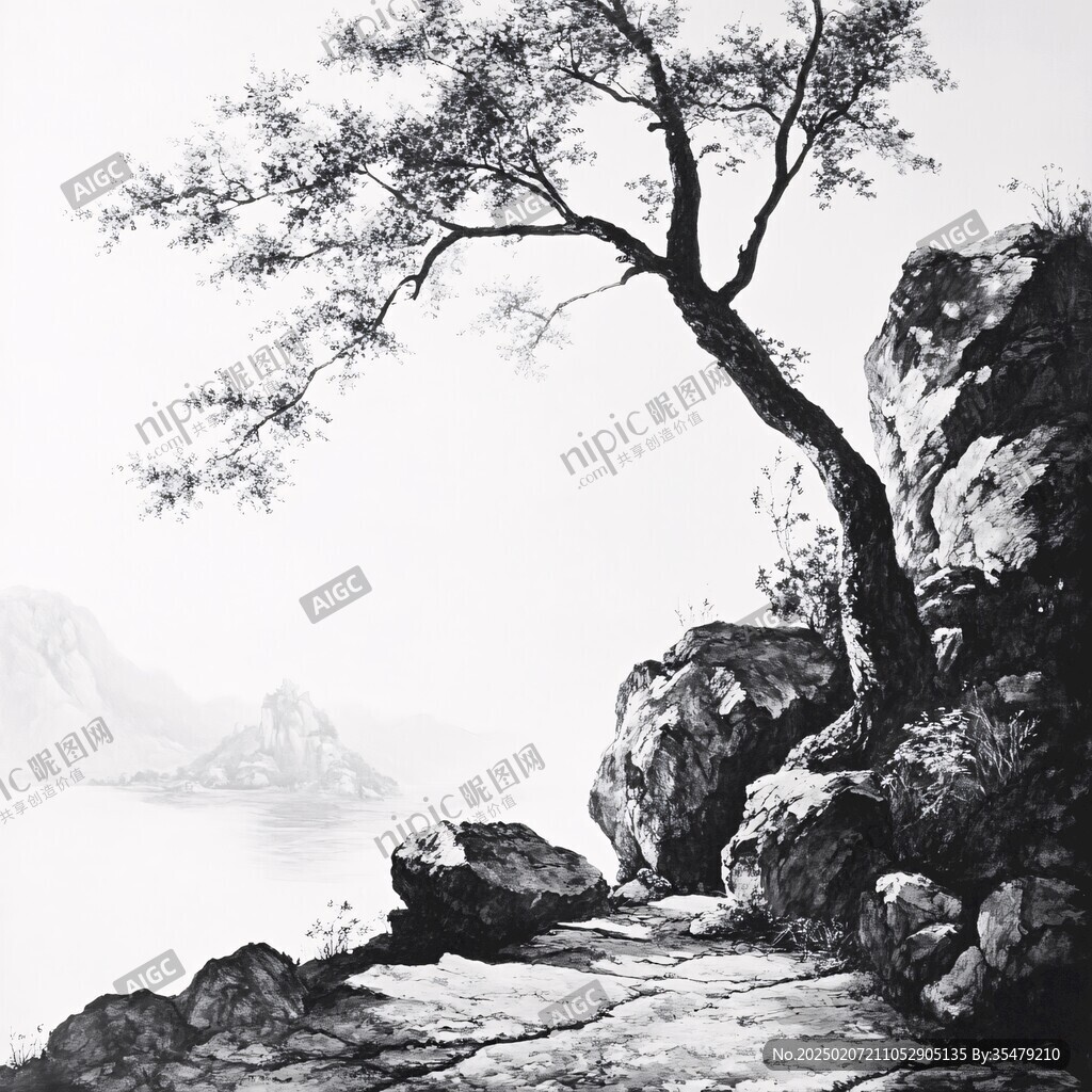 水墨树水墨石头