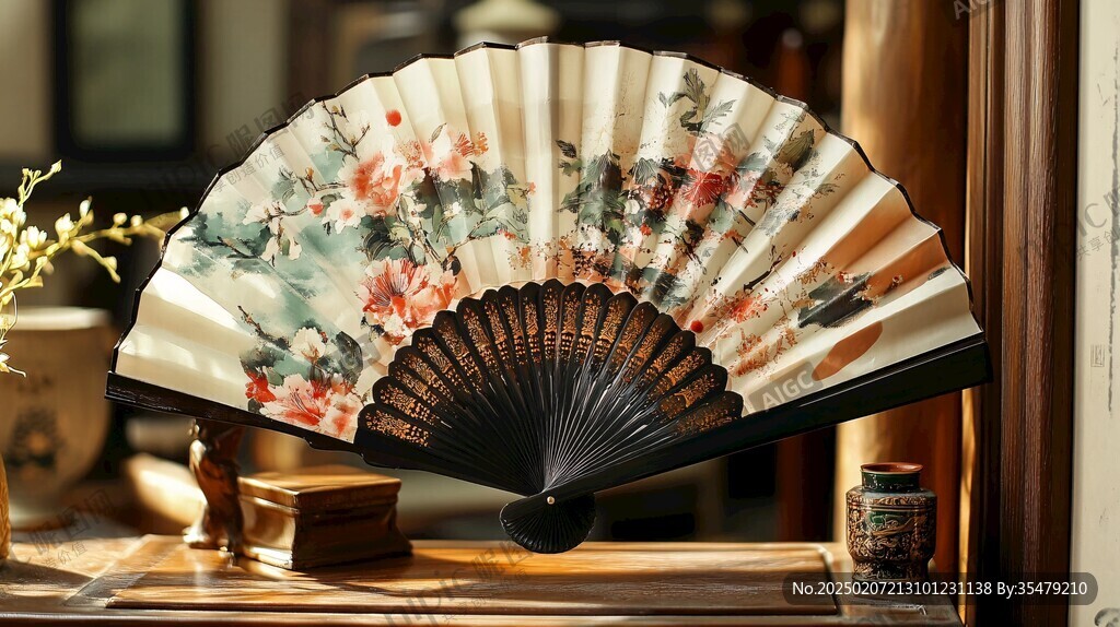 折扇山水阁楼花鸟