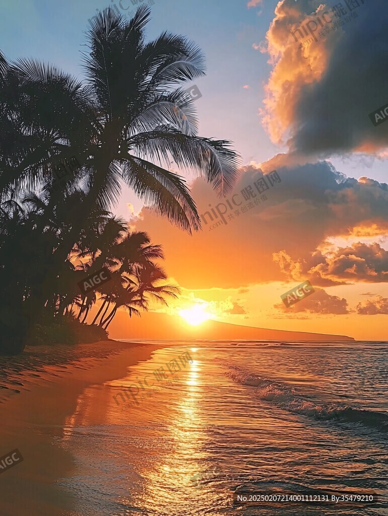 蓝天晚霞大海椰树