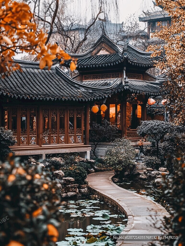 初冬园林楼阁