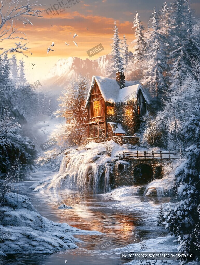 冬季雪景风景油画