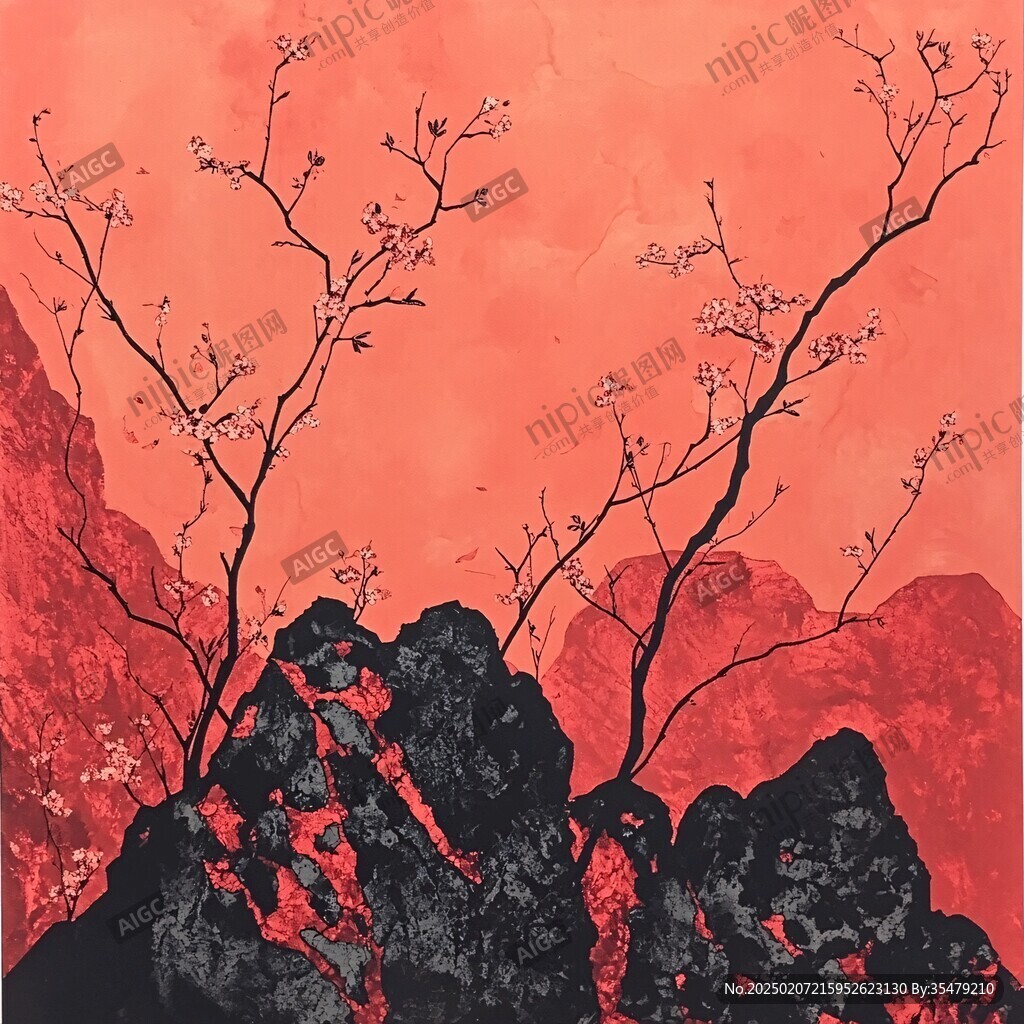 工笔手绘红墙梅花