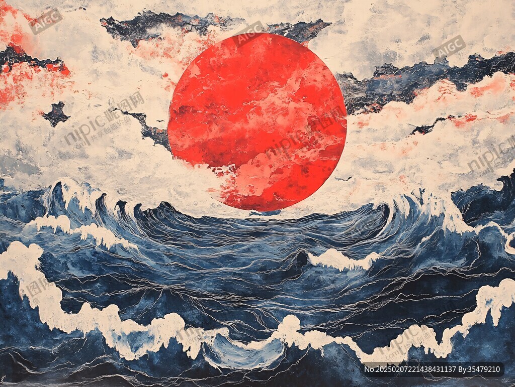 手绘海浪旭日东升