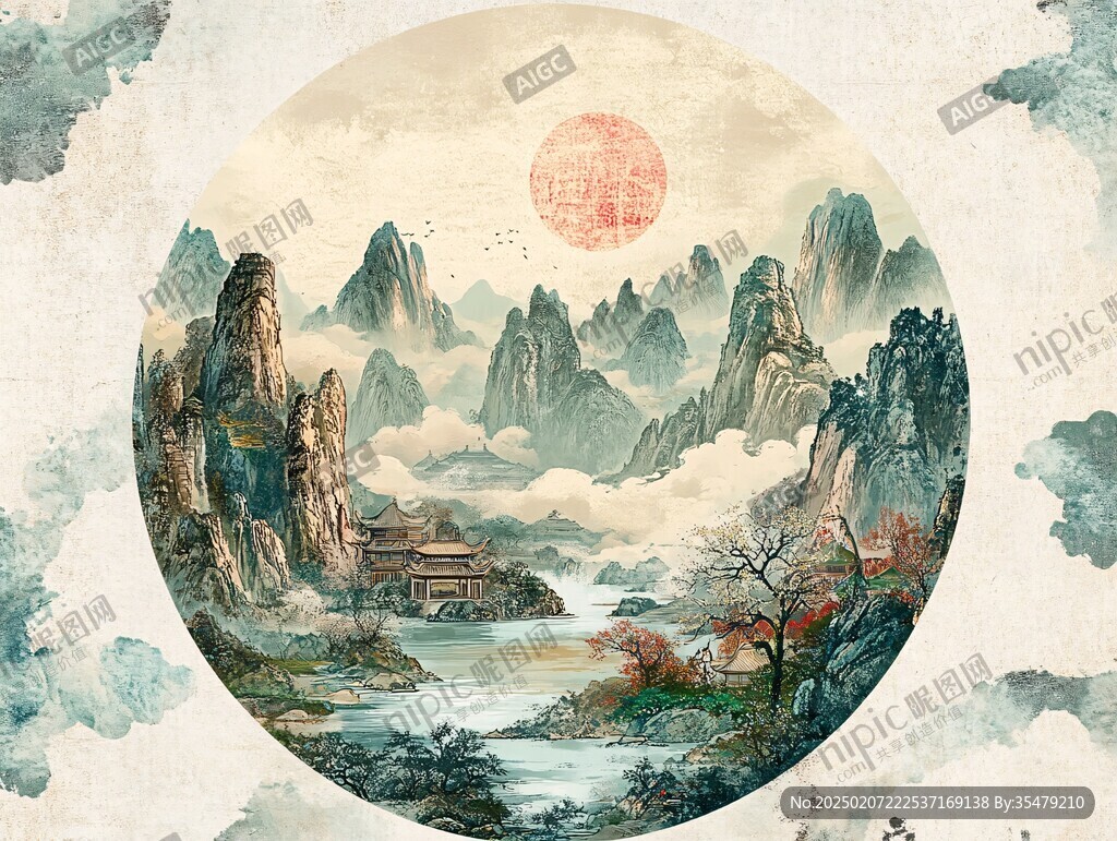 红日水墨山水