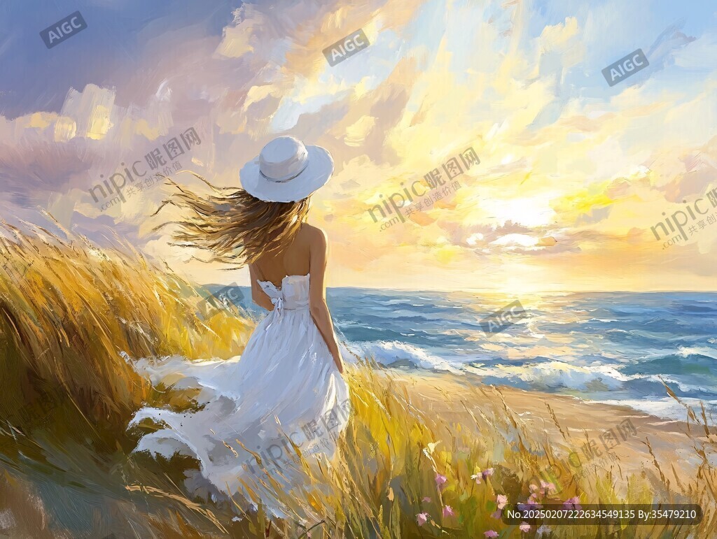 海边少女插画