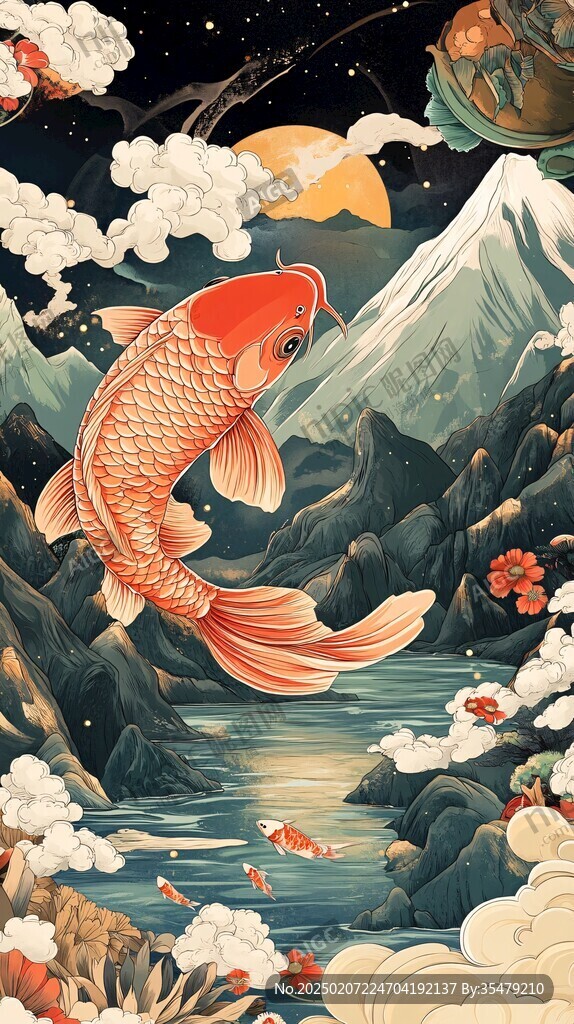 禅意招财鲤鱼插画