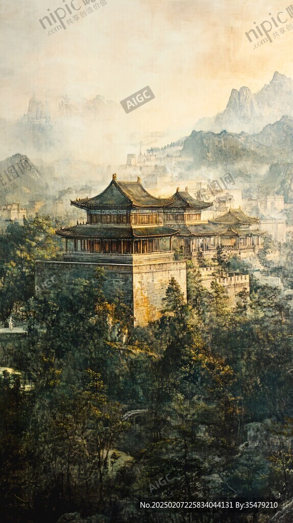 古风亭台楼阁油画