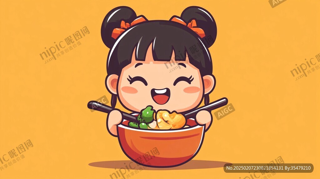 卡通吃面女孩