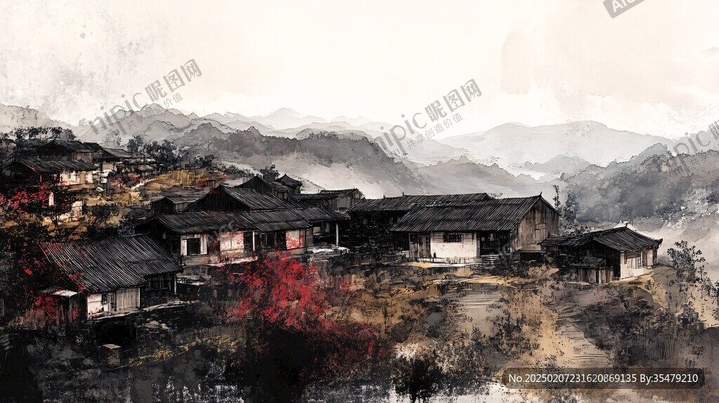 复古水墨山水古村落