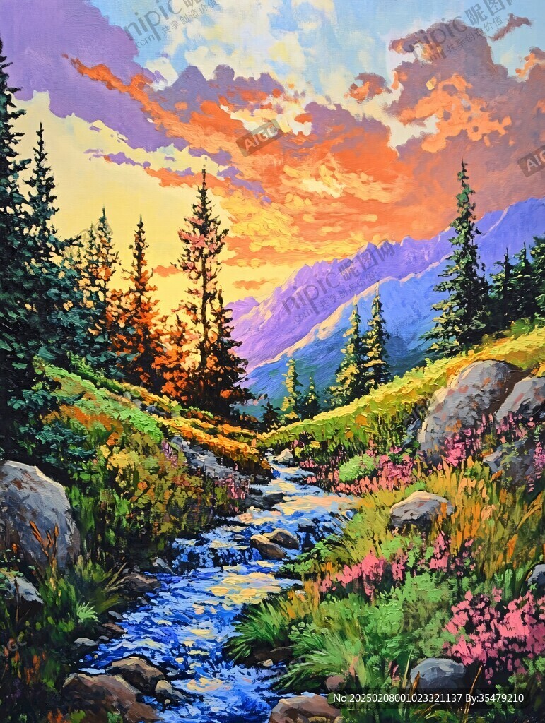 溪流风景油画