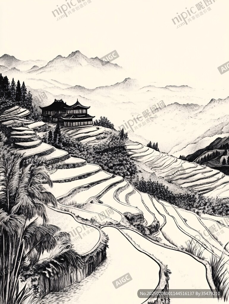 梯田黑白画