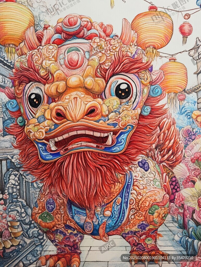文创插画舞狮鸿运当头