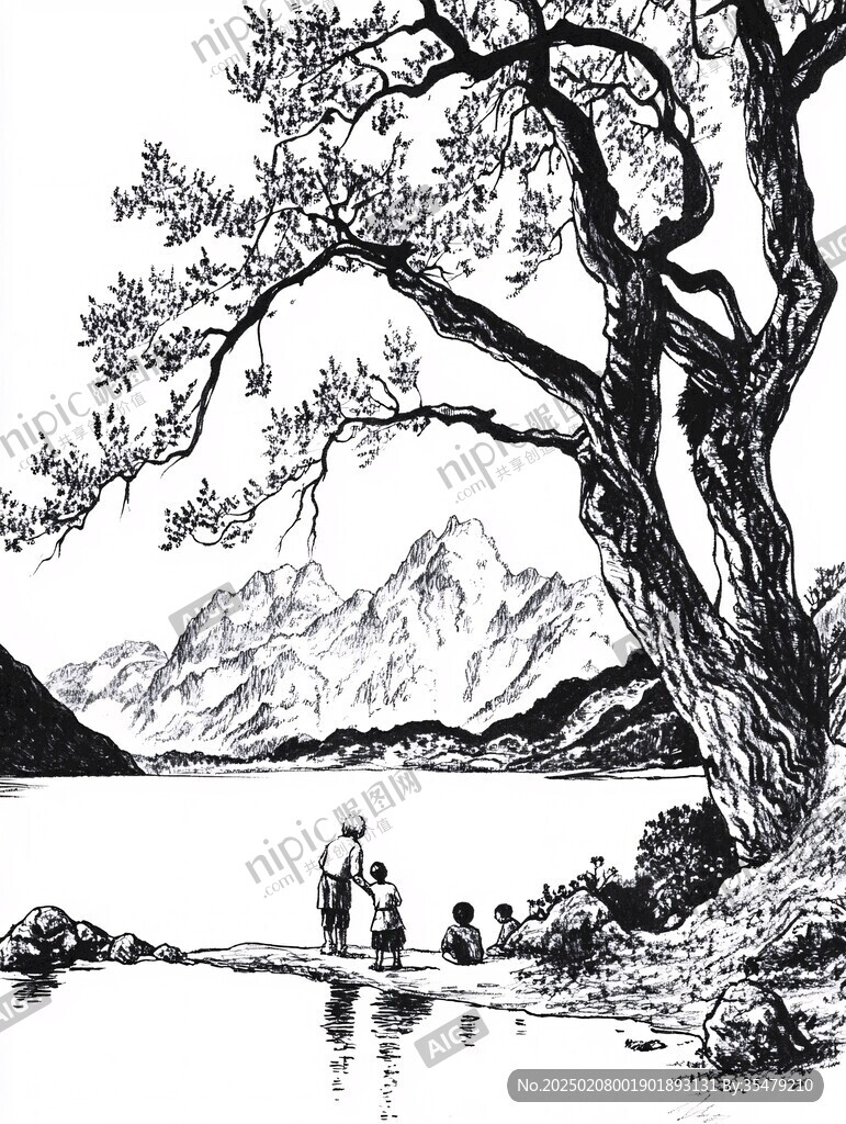 新西兰插画线稿水墨