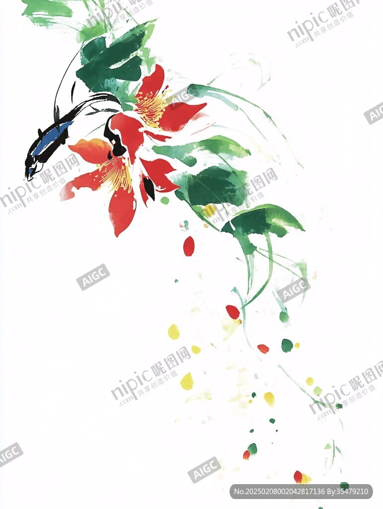 水墨画串红花