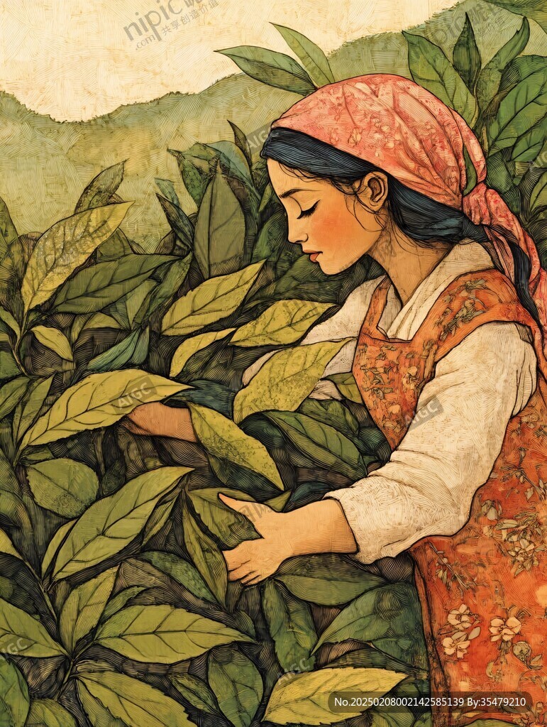 茶插画采茶女插画