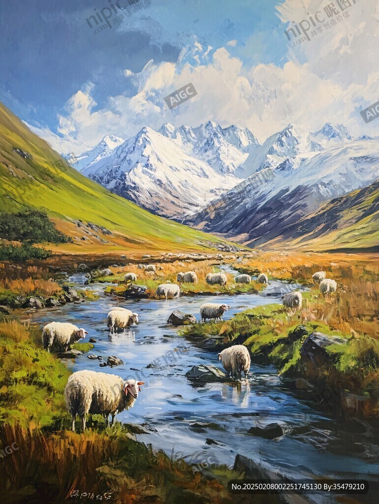 雪山河流油画