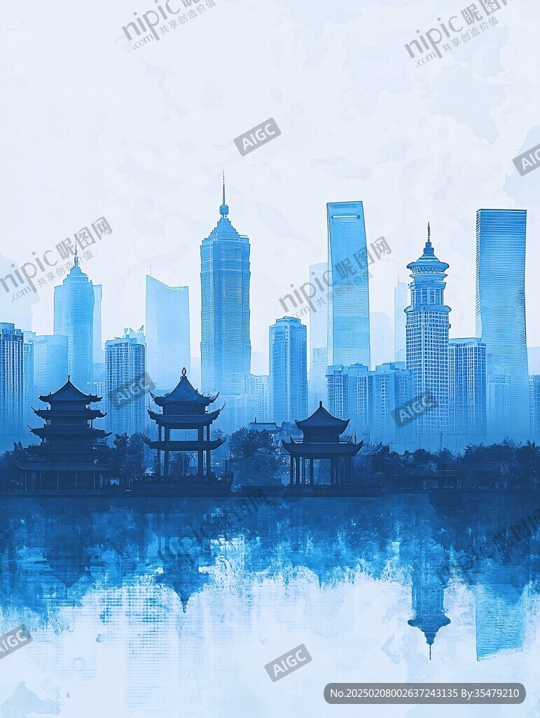 水墨水彩禅风城市