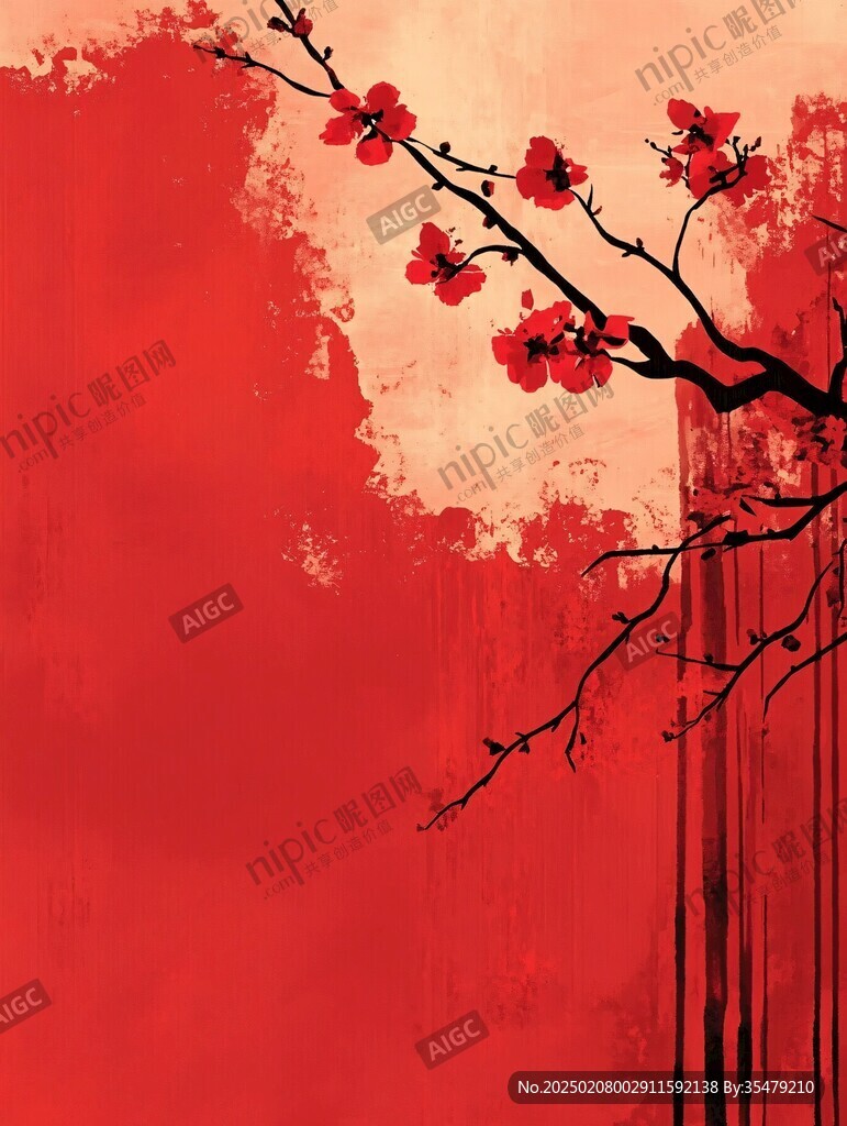 工笔手绘红墙梅花