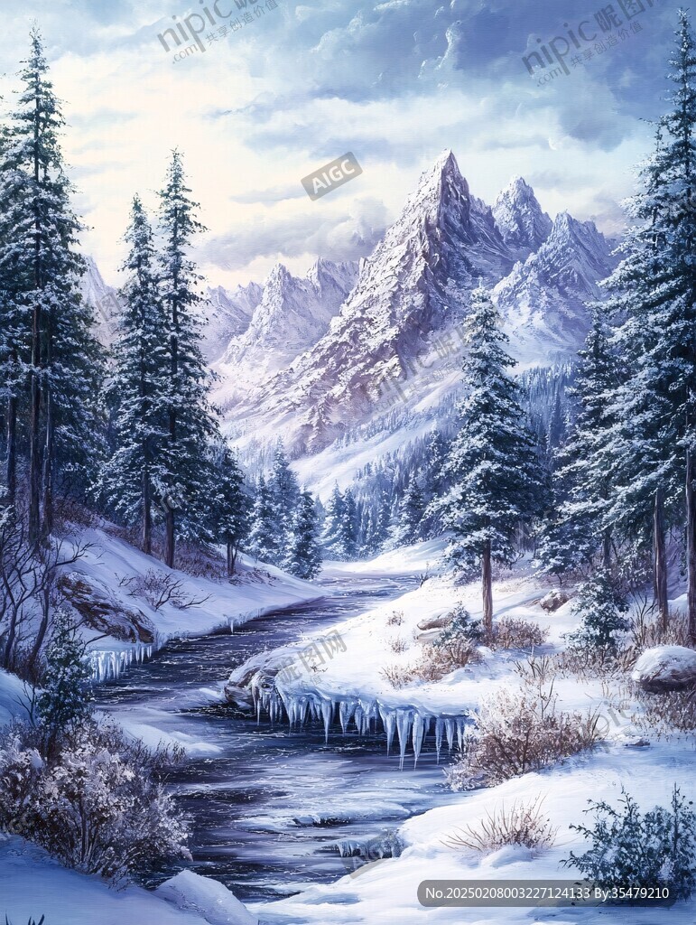 风雪流水山脉油画