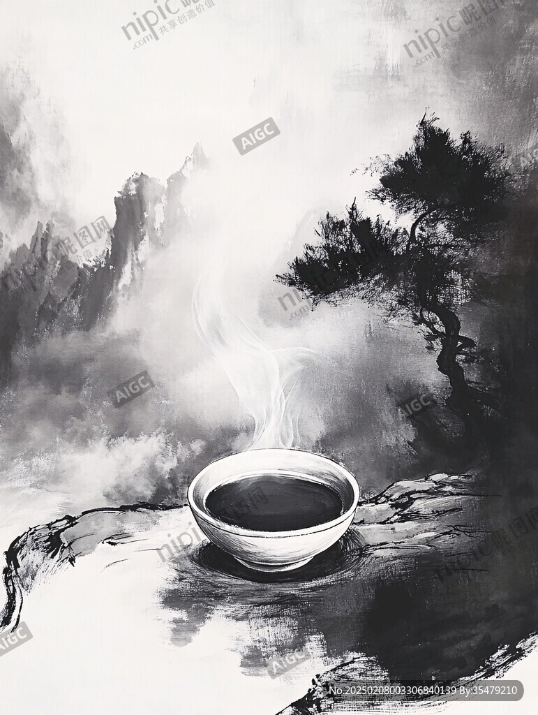 禅意意境茶道水墨画
