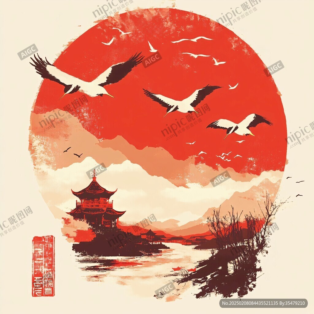 仙鹤楼阁复古瑞鹤图