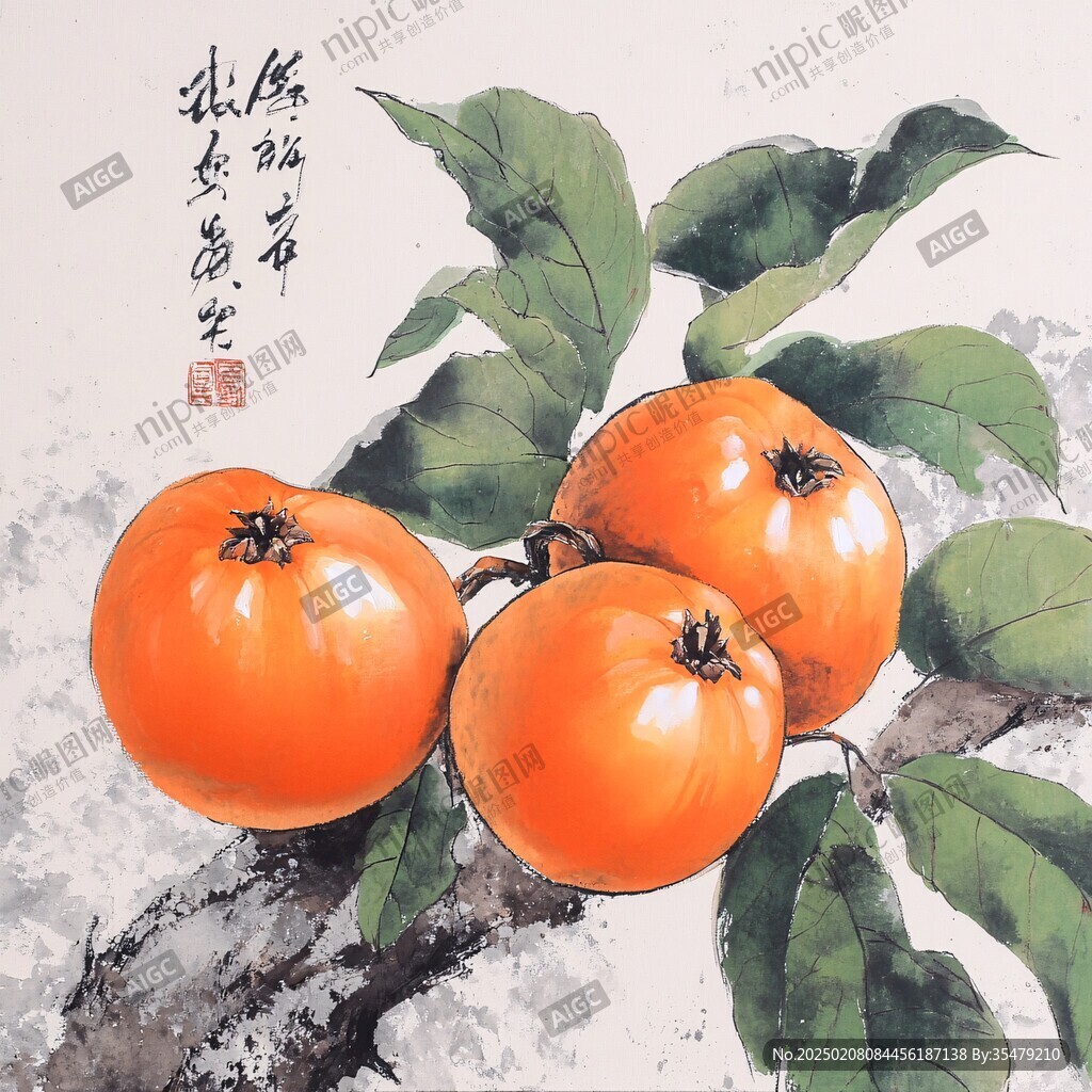 手绘柿果图