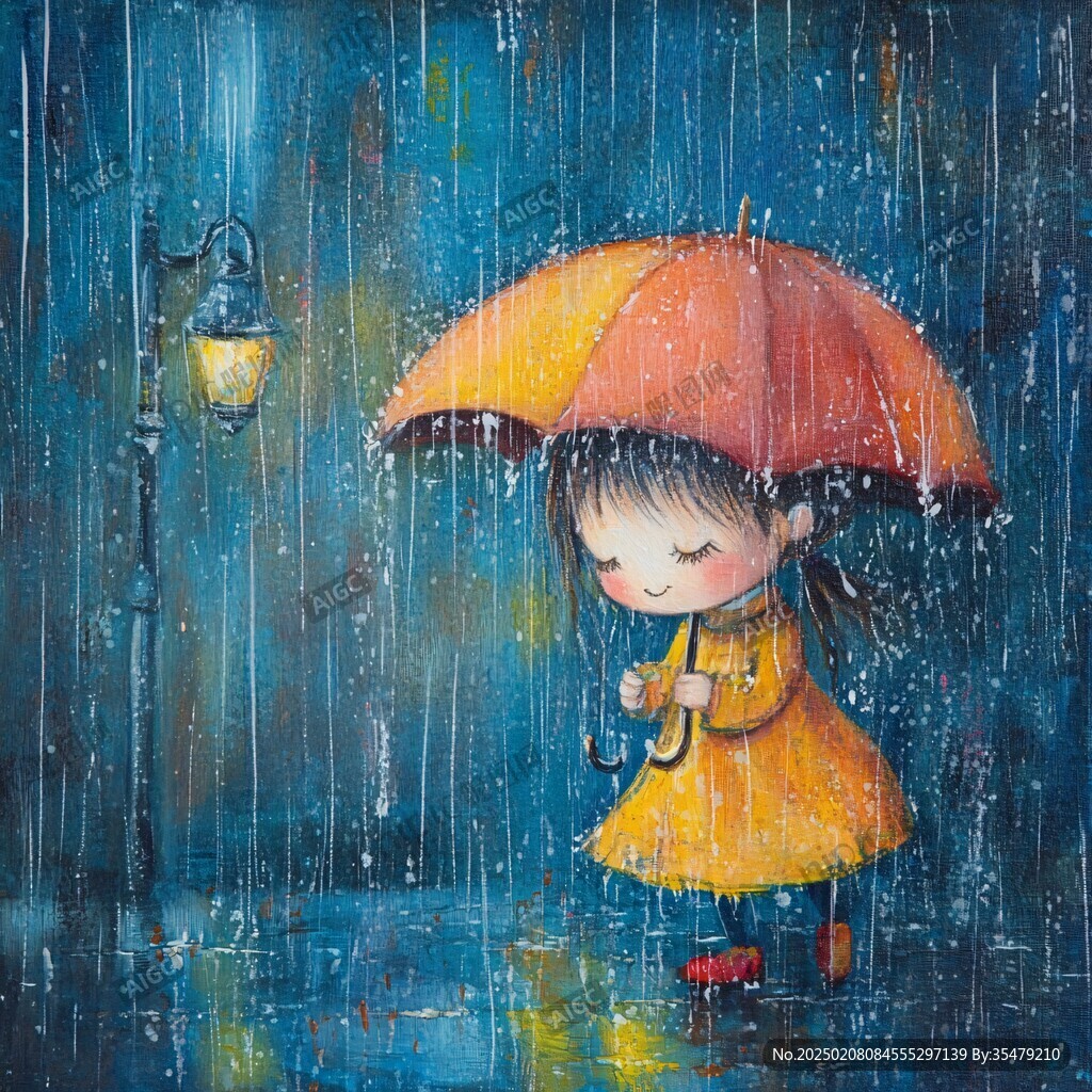 绘呆萌女孩躲雨无框画