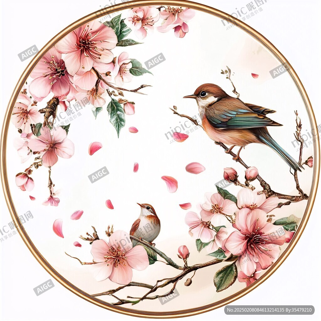 手绘花鸟圆形挂画