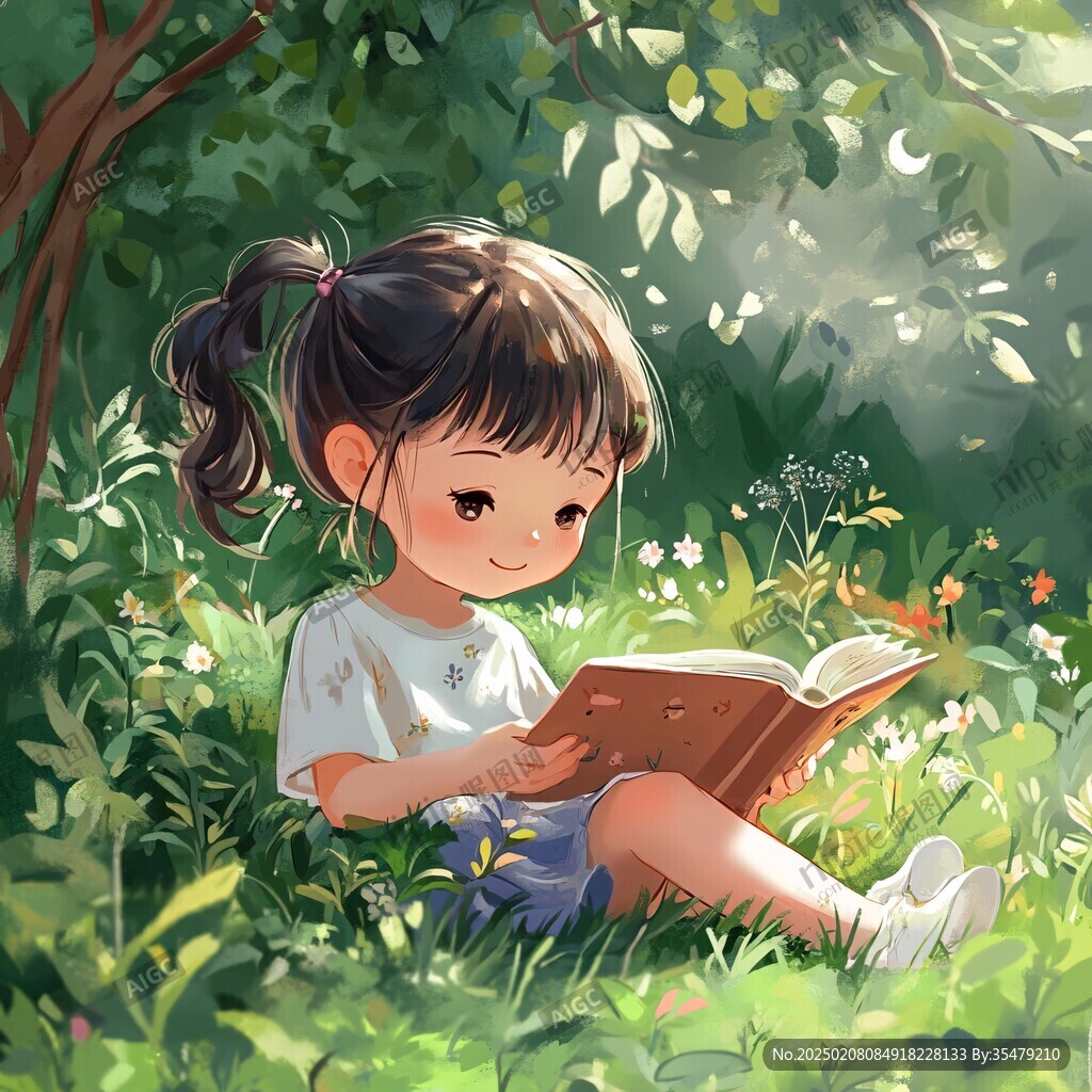 小女孩读书配图