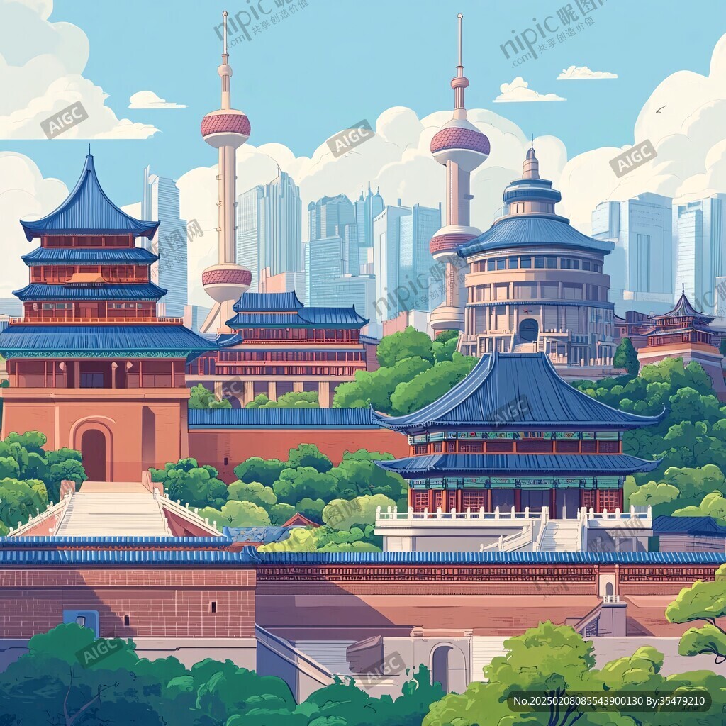华中地区城市建筑插画