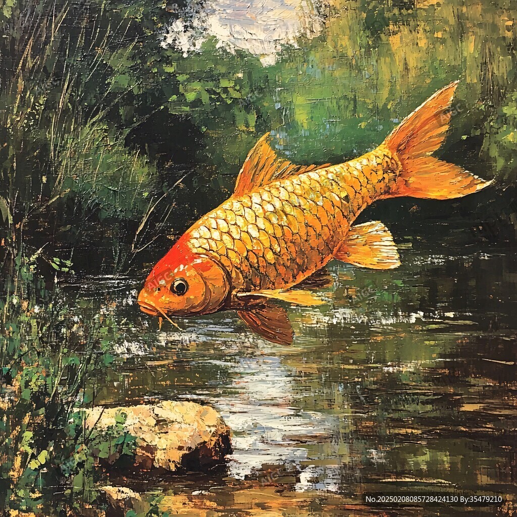 锦鲤戏水油画
