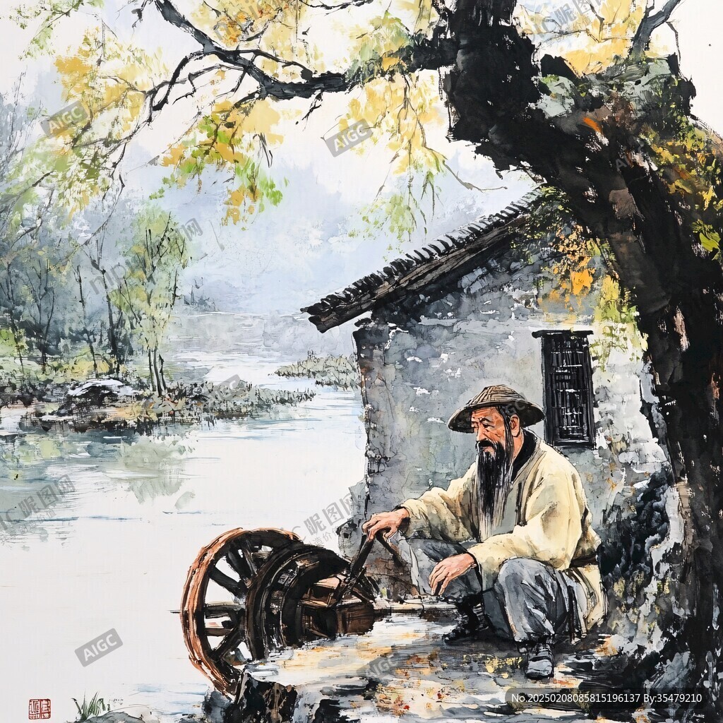 水乡渔翁画