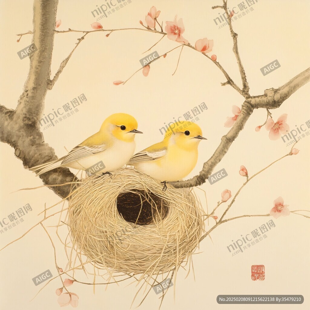 鸟巢工笔画