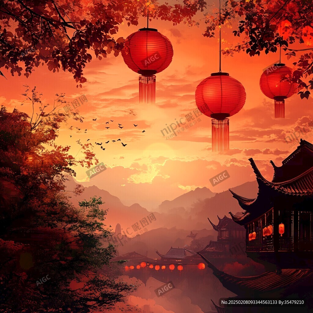 中式古镇黄昏