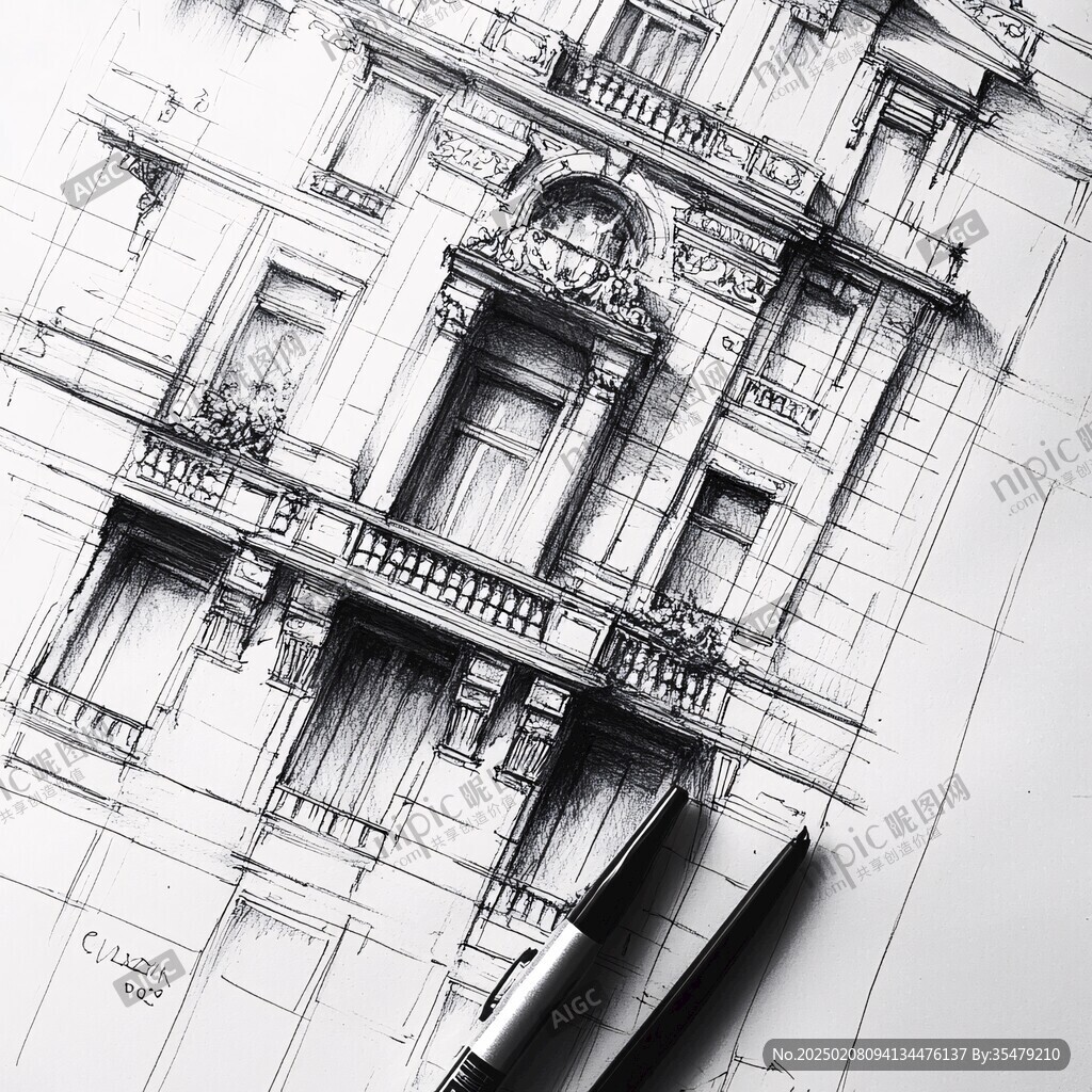 铅笔建筑写实素描