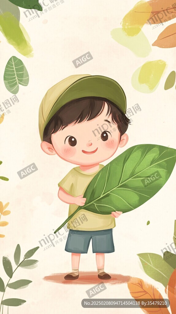 手绘拿树叶的男孩