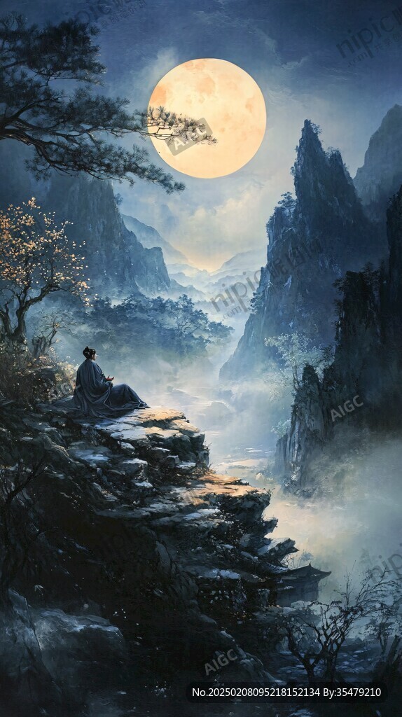 意境图片星月山川挂图