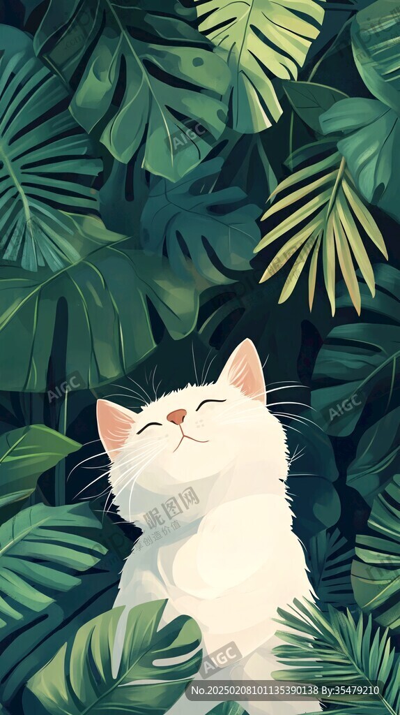 花丛边的猫咪插画