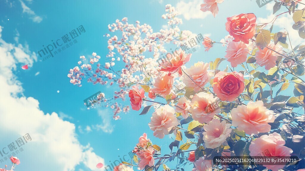 仰望蓝天白云鲜花